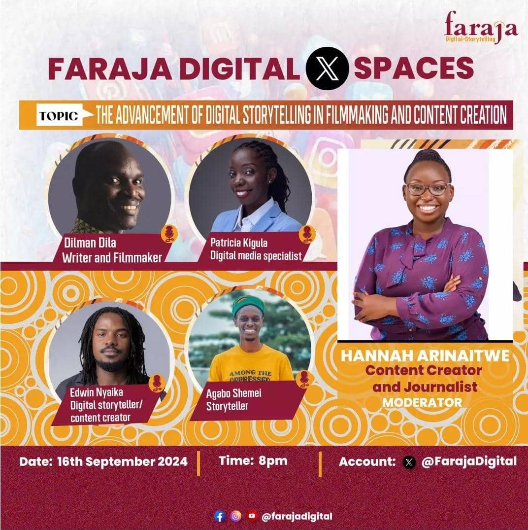 Hannah Arinaitwe (@arinaitwehannah) on Twitter photo I will be moderating a Twitter Space on the advancement of Digital storytelling in filmmaking and content creation tonight with <a href="/FarajaDigital/">Faraja Digital</a> .
My panel tonight is rich ! <a href="/Agaboshemei/">Shemei Agabo</a> <a href="/dilmandila/">Find me mograph.social/@dilmandila</a> <a href="/nyaika256/">Zero Chills</a>, Patricia Kigula . I will be moderating a Twitter Space on the advancement of Digital storytelling in filmmaking and content creation tonight with <a href="/FarajaDigital/">Faraja Digital</a> .
My panel tonight is rich ! <a href="/Agaboshemei/">Shemei Agabo</a> <a href="/dilmandila/">Find me mograph.social/@dilmandila</a> <a href="/nyaika256/">Zero Chills</a>, Patricia Kigula .