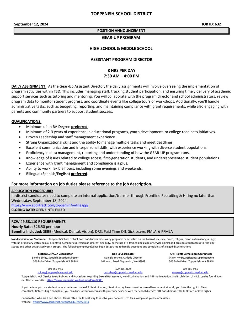 Join Our Team! 

We're hiring a GEAR UP Assistant Program Director to support our high school and middle school programs! If you’re passionate about empowering students and have experience in education or program management, we want to hear from you! See details below.