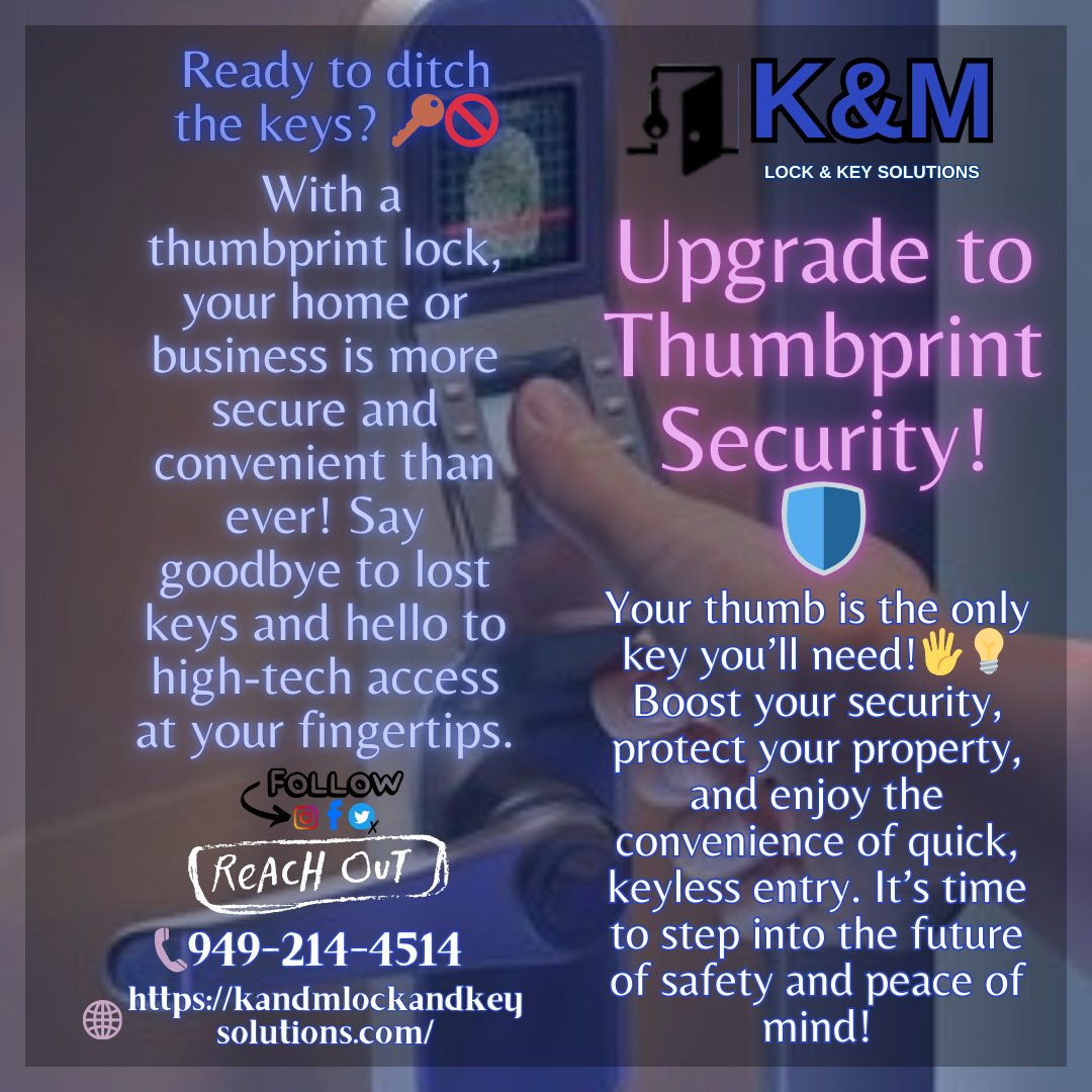 KandM_Lock's tweet image. 🔒Thumbprint Locks: The Future of Security is Here!🔒

Tired of losing your keys?🚪🔑Time to upgrade your home or business with thumbprint technology!

#KeylessLiving #ThumbprintTech #SecureAndSmart #UpgradeYourLock #FutureOfSecurity #LocksmithExpert #QuickService #Locksmith

1/3