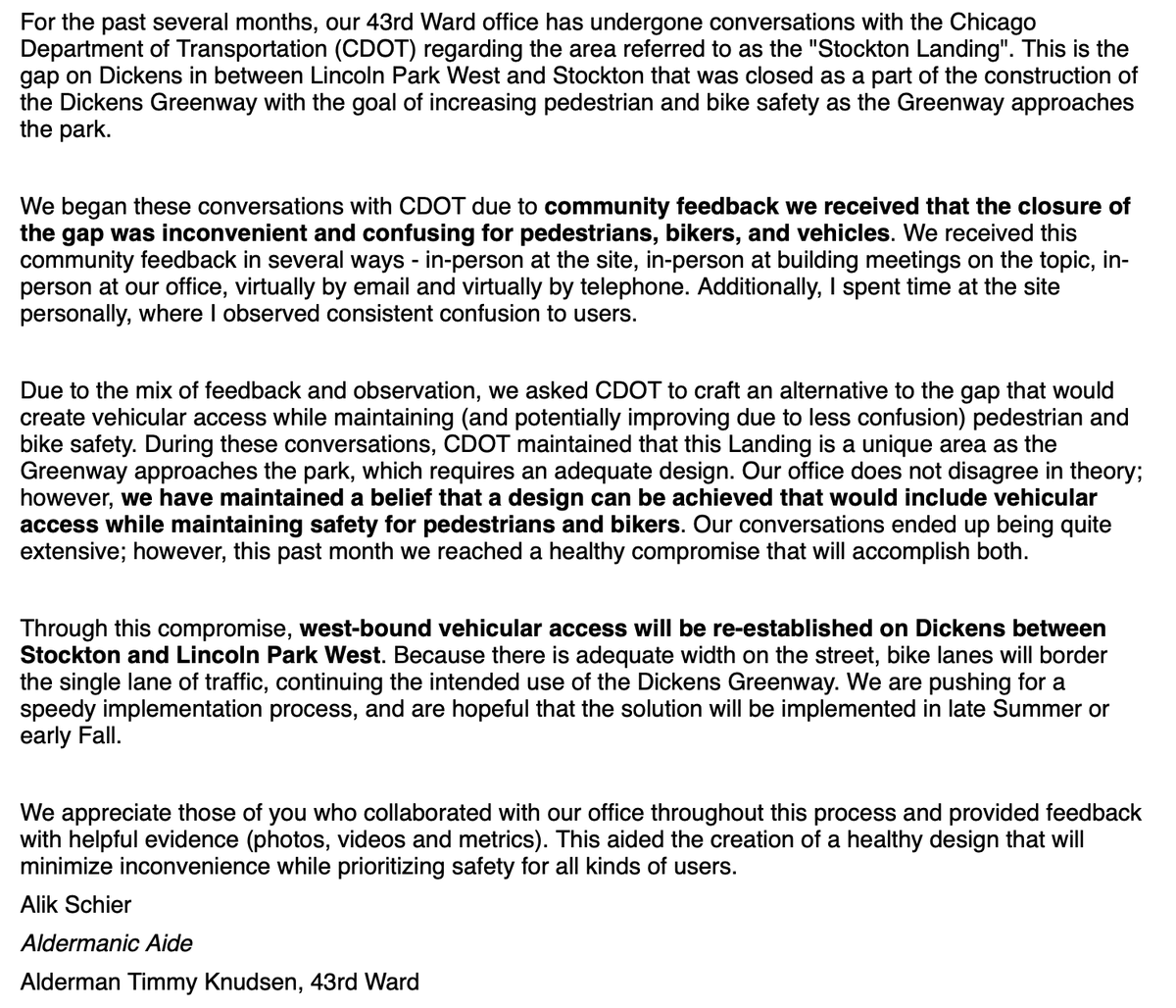 The 43rd Ward confirmed the City is planning to eliminate the traffic diverters and plaza at the east end of Dickens Greenway. No public meetings were held on this decision.

A protest ride is planned tonight 6:15 PM at Jonquil Park 1001 W. Wrightwood.
x.com/streetsblogchi…