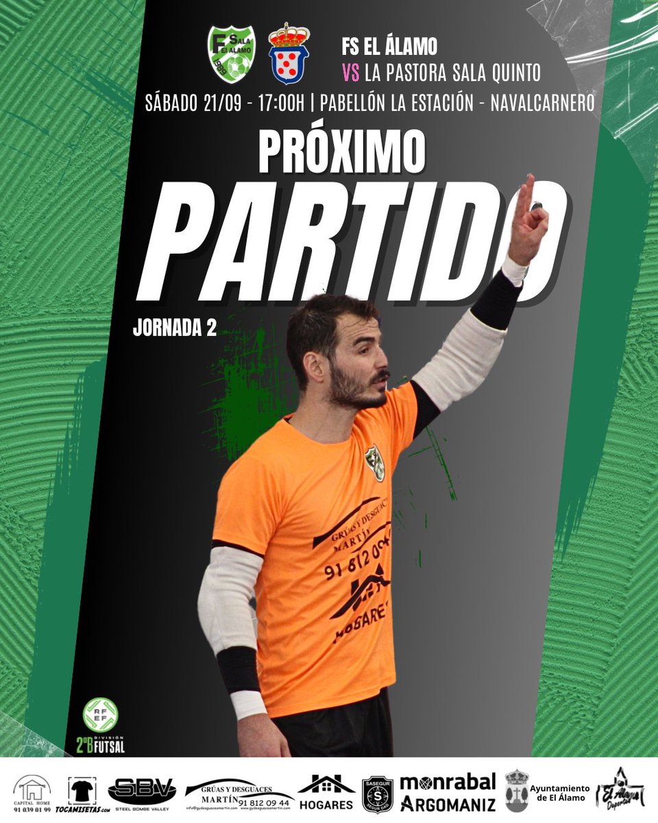 NEXT MATCH 🔥

Semana de mucho trabajo de cara a la jornada 2 de Liga, donde enfrentaremos 🆚 La Pastora Sala Quinto.

⚠️ Atención ⚠️
Cambiamos de escenario - Pabellón La Estación | Navalcarnero 

ENTRADA 5€
Abonado gratis 

💚💚