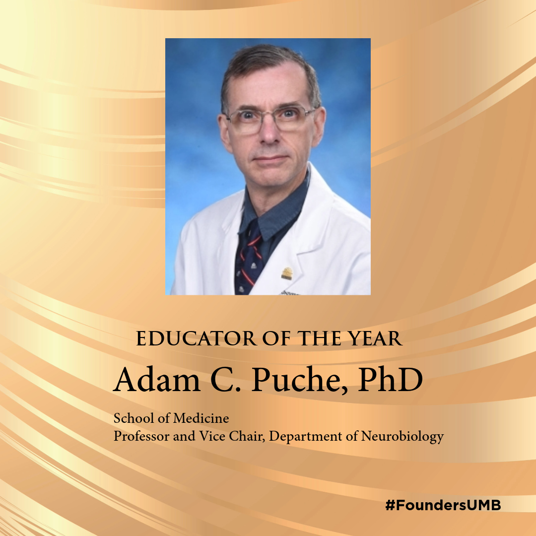 Adam Puche, UMB's Educator of the Year, is lauded for his effective teaching style, innovative learning technologies, and work heading the first anatomy lab renovation on campus in 50 years. elm.umaryland.edu/elm-stories/20… #FoundersUMB