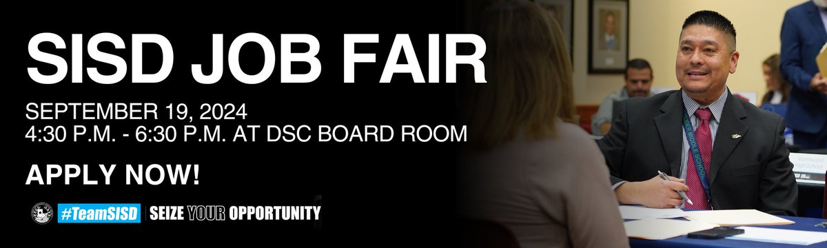 #TeamSISD SAVE THE DATE 📢 SISD is hosting a Job Fair on Sep. 19, 2024, at the DSC from 4:30 - 6:30 p.m. Candidates should apply online at sisd.net/employment and bring their resume for an opportunity to interview on the spot. See you there!😄🧑‍💻🤵