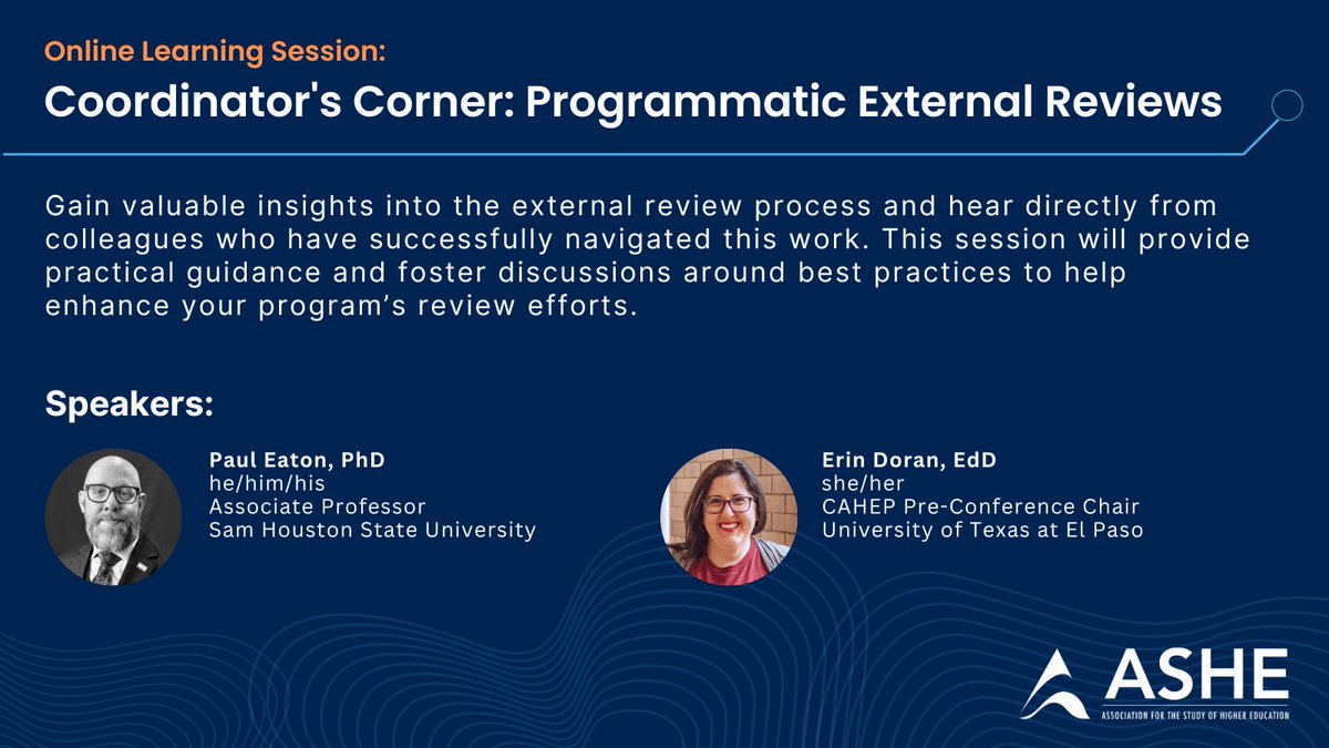 📝 Don’t miss Coordinator's Corner: Programmatic External Reviews on Wed. Sept. 18, 2-3pm Central time. Get practical insights on external review processes and best practices from experts Paul Eaton and @ErinDoran_EdD.

🔗 Register now: ashe.ws/cahepworkshops