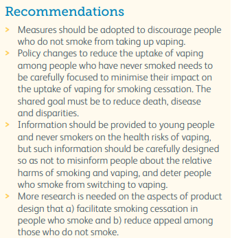 JonathanFoulds's tweet photo. Recommendations from the UK Royal College of Physicians report: "E-cigarettes and Harm Reduction: An Evidence Review." https://t.co/mGmSeeMeu3 https://t.co/XC5p5eaUvZ