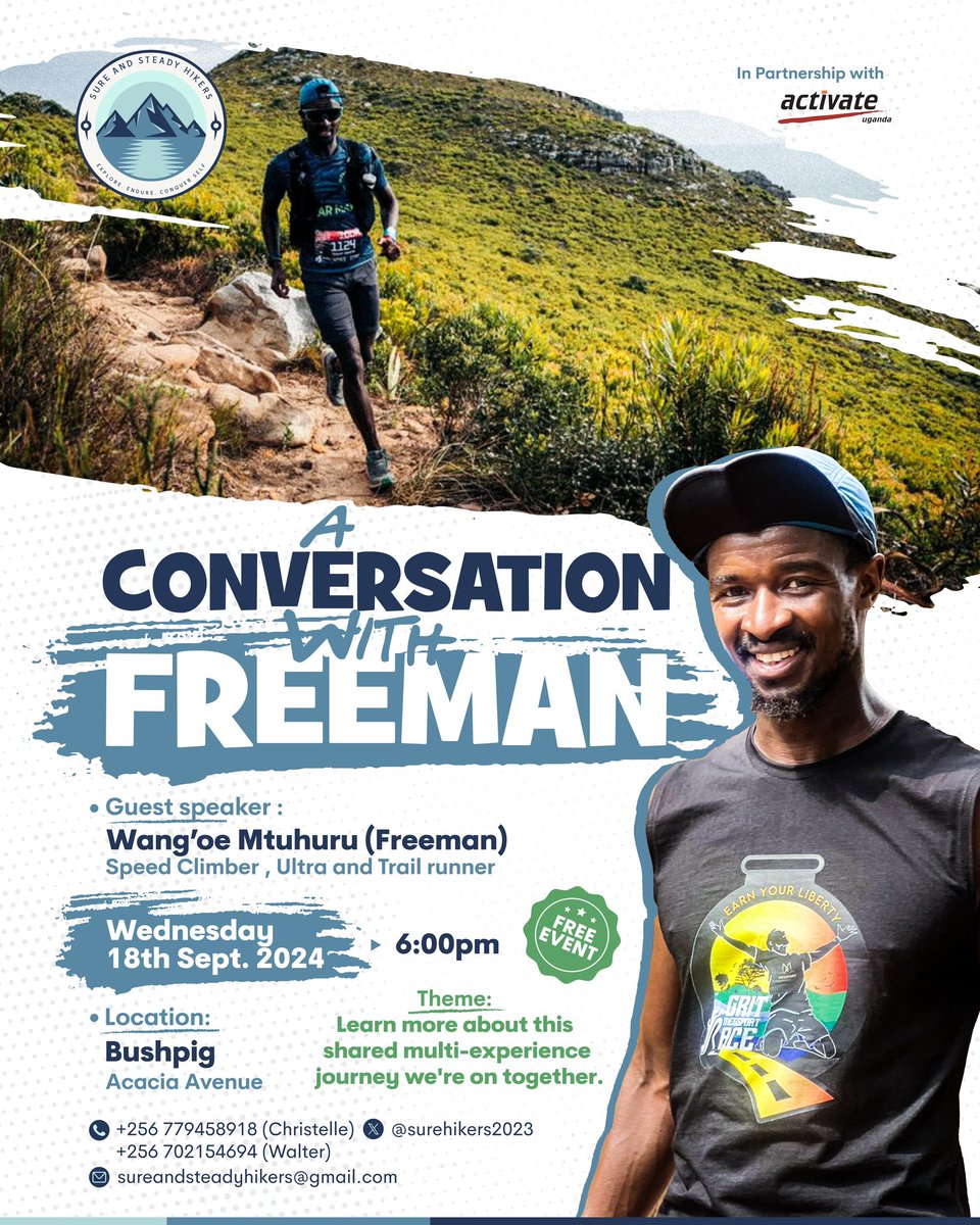 Join us for this unique opportunity to learn and connect as <a href="/freemanwangoe1/">Wang'oe Mtuhuru</a> a renowned ultra-runner, trail runner, hiker and speed climber, shares his incredible experiences. 

📅 Wed 18th Sep 2024
🕕 6:00 PM
📍 Bush Pig

FREE ENTRY, open to all walkers, runners, and hikers!