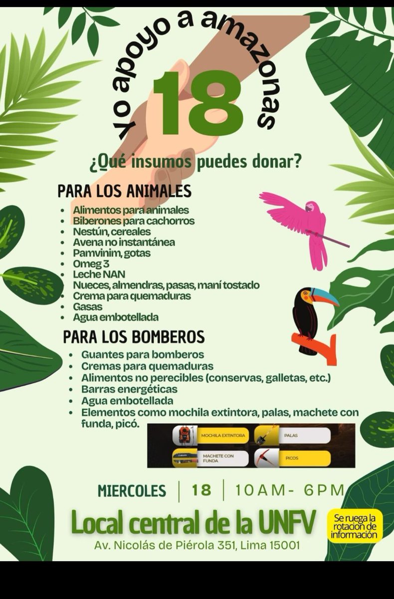 Joxe_Kar's tweet photo. #IncendiosForestales #ApoyoSolidario

Este Miércoles 18 entre las 10 am y 6 pm, en el Local Central la Universidad Villareal UNFV, se pueden llevar los materiales e insumos que se detallan en el flyer, para ayudar en los animales afectados por los incendios o a los bomberos. RT https://t.co/yi3xd6duhv