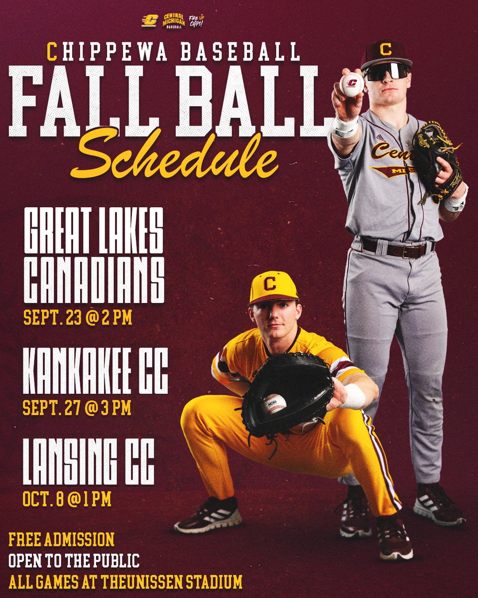 🍁 FALL BALL 🍁

Join us at Theunissen this fall as we take on a few opponents. Admission is FREE!

#FireUpChips🔥⬆️⚾