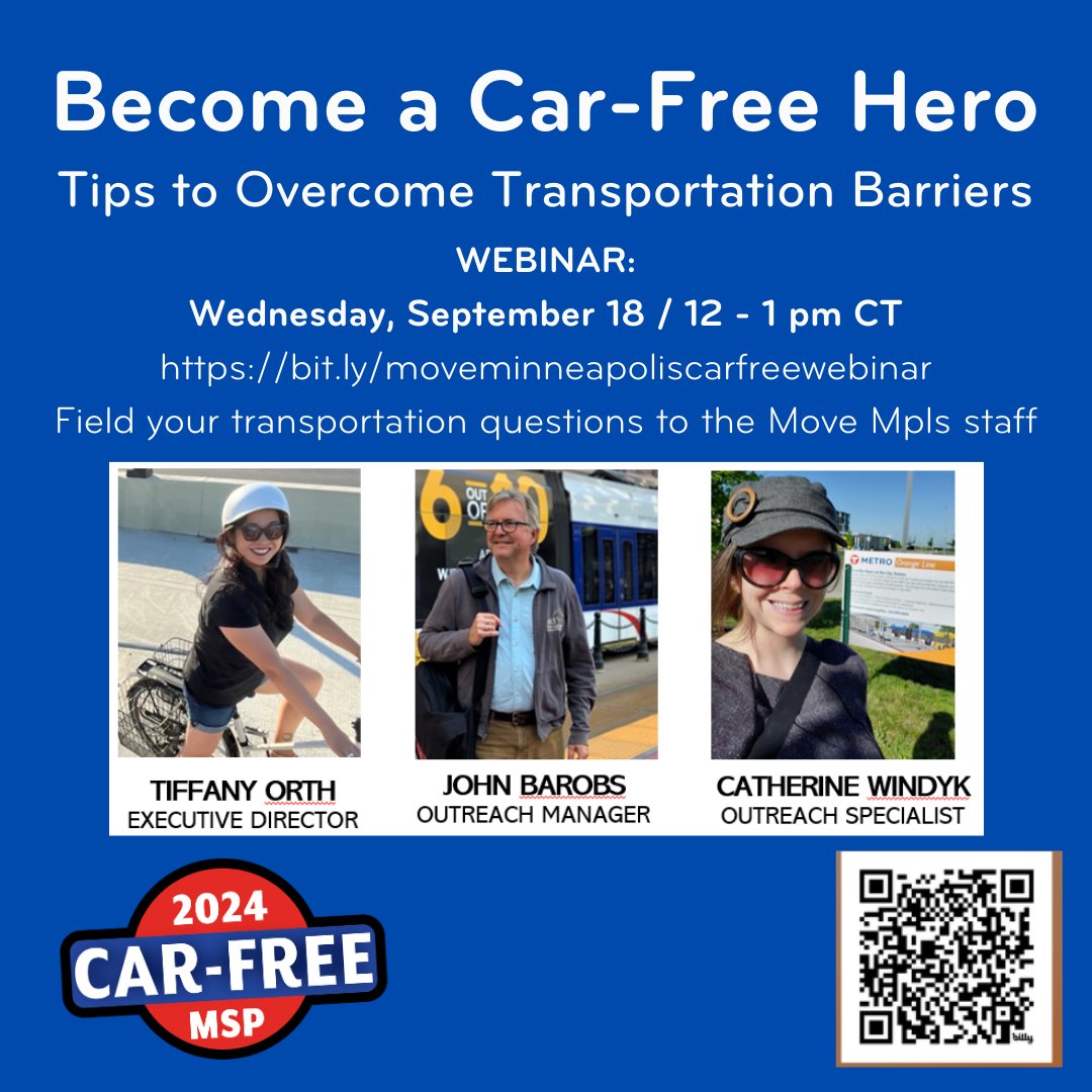 WEBINAR: Tips to Overcome Transportation Barriers
 Address common barriers to sustainable transportation. 
Wed. 9/18, 12-1pm, CT. Join the Move Mpls team for this helpful conversation:
Register Here: bit.ly/movemplscarfre…