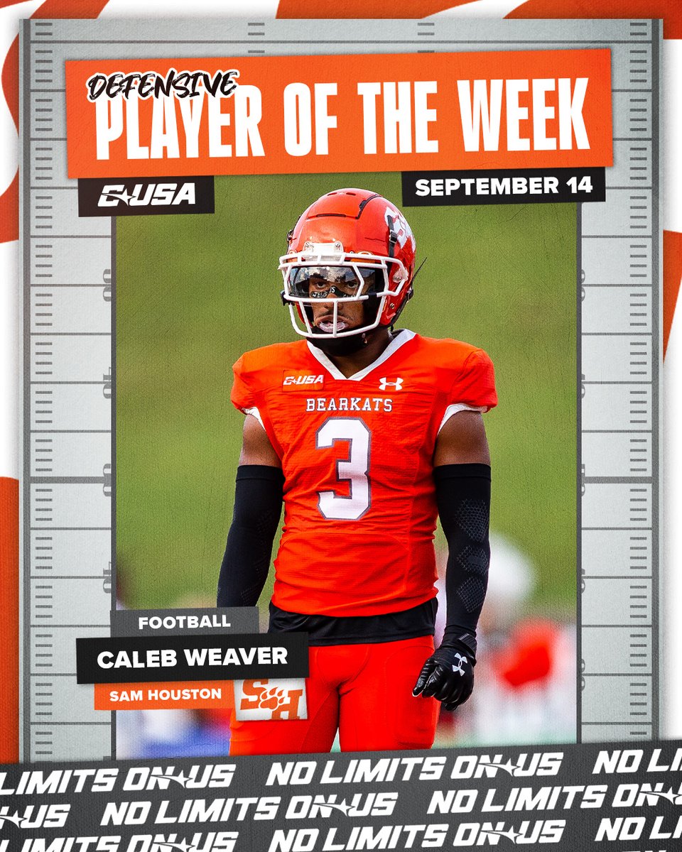 Conference USA (@conferenceusa) on Twitter photo ๐ DEFENSIVE PLAYER OF THE WEEK ๐
๐
1๏ธโฃ Caleb Weaver, <a href="/BearkatsFB/">Sam Houston Football</a>
#NoLimitsOnUs | bit.ly/47uVml1 ๐ DEFENSIVE PLAYER OF THE WEEK ๐
๐
1๏ธโฃ Caleb Weaver, <a href="/BearkatsFB/">Sam Houston Football</a>
#NoLimitsOnUs | bit.ly/47uVml1
