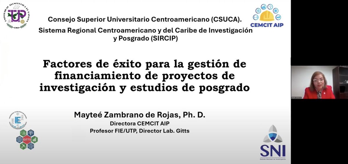 CemcitAip's tweet photo. La Dra. Mayteé Zambrano, directora ejecutiva del #cemcitaip, participó el pasado 10 de septiembre en el Foro Virtual “Factores de Éxito para la Gestión de Financiamiento de Proyectos de Investigación y Estudios de Posgrado”, una actividad organizada por #sircip del @SGCSUCA. https://t.co/seYhiLfNi2