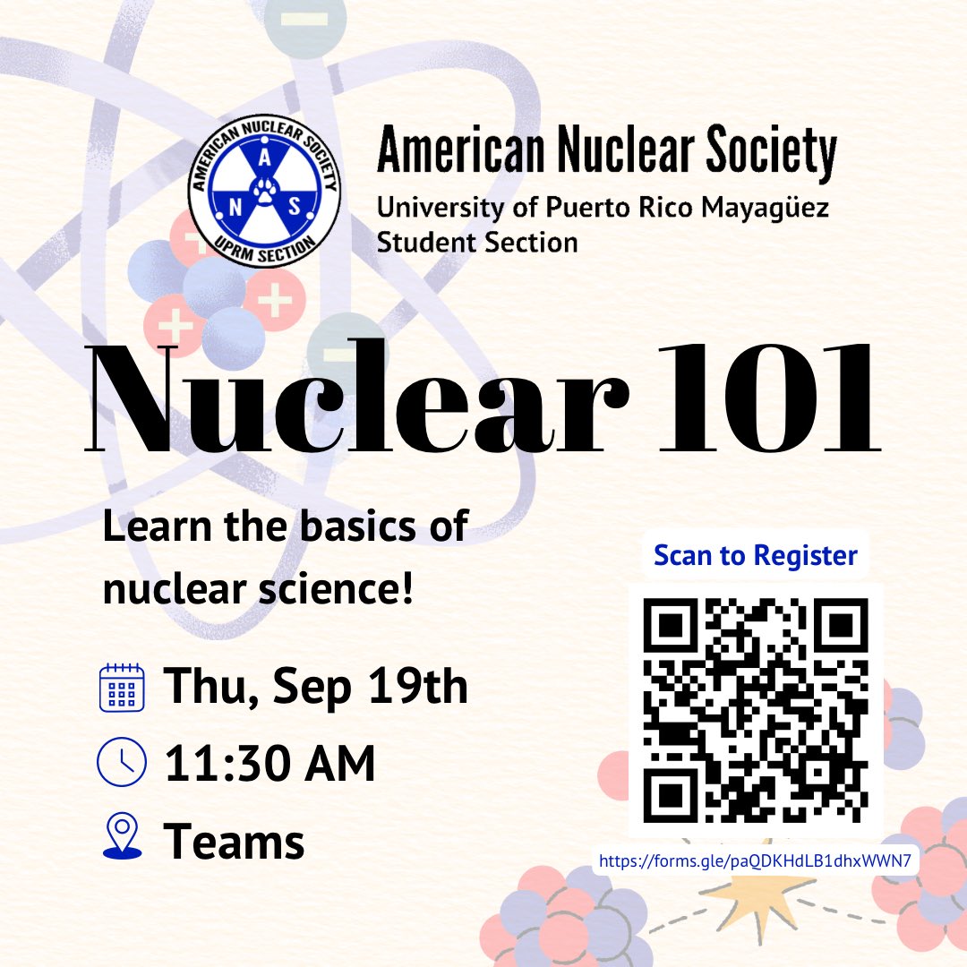 Nuclear 101! ☢️ Learn the basics of nuclear science this Thursday, September 19th via Teams. Register 👉 forms.gle/paQDKHdLB1dhxW…