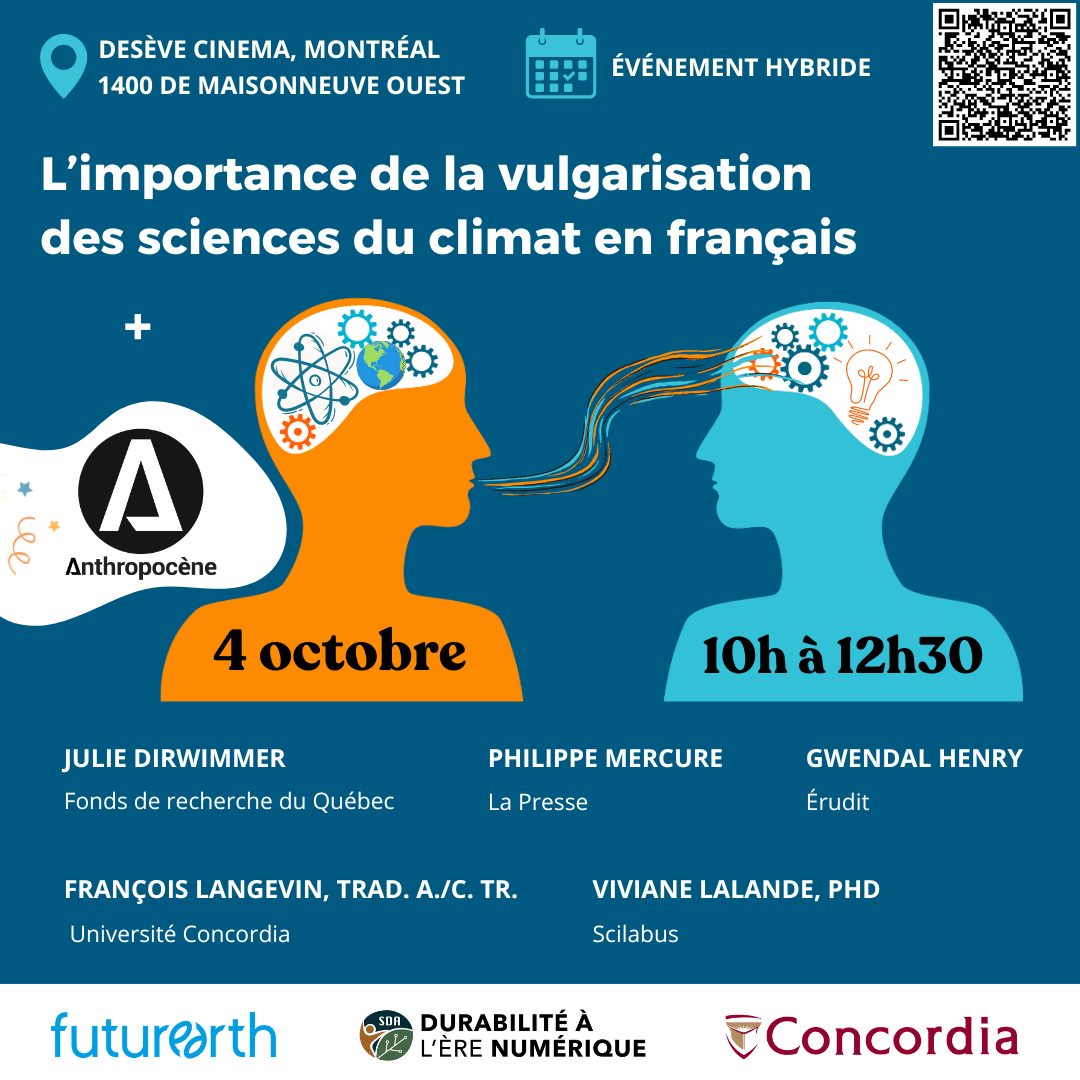 SustDigitalAge's tweet photo. Rejoignez-nous pour une discussion stimulante avec les panélistes hors pair sur l’importance de la vulgarisation des sciences du climat en français !

Quand : 4 octobre, 10h à 12h30 (HAE)
Où : Cinéma DeSève Montréal + Zoom

En savoir plus et s'inscrire 👉 https://t.co/qZ7YVkbaS9 https://t.co/hNR754ex4z