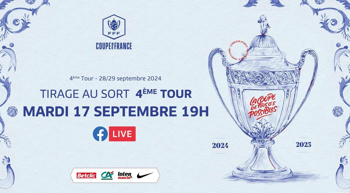 𝗖𝗼𝘂𝗽𝗲 𝗱𝗲 𝗙𝗿𝗮𝗻𝗰𝗲 🇫🇷
Le tirage au sort du 4ème tour, attendu par plus de 60 clubs Normands, sera à suivre ce mardi 17 septembre 2024 à 19h en Facebook-Live 🎥