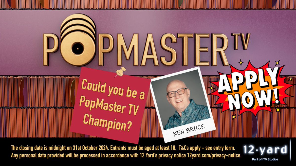 PopMaster TV, hosted by the legendary <a href="/RealKenBruce/">Ken Bruce</a>, is looking for music masters to flex their pop trivia muscles. Apply today - 12yard.com <a href="/PopmasterTM/">Popmaster</a> 🎼🎬🎧🎹🥁🎷🎸🎤#popMasterTV #popmaster #music #oneYearOut #tvcasting