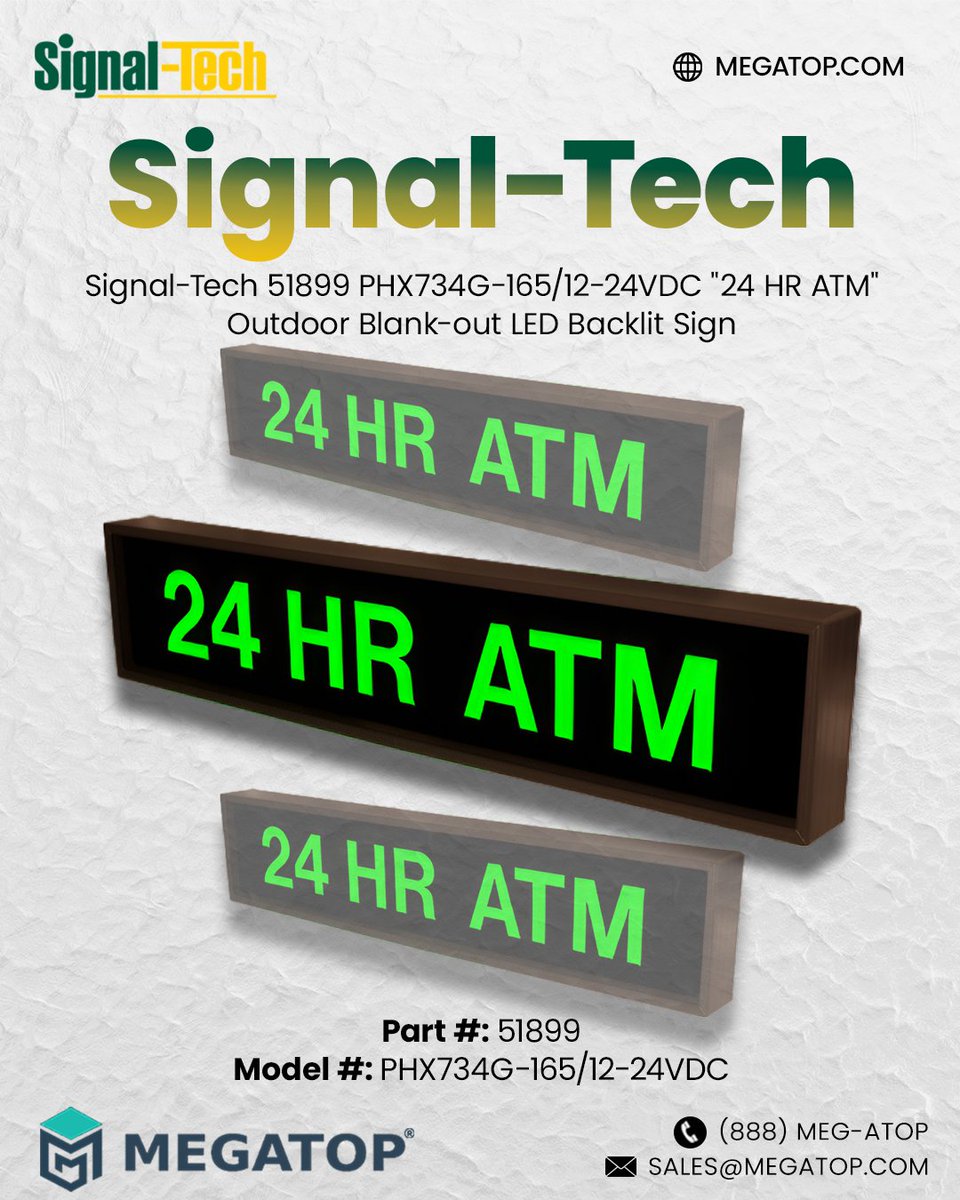 megatopcom's tweet image. The Signal-Tech 51899 &quot;24 HR ATM&quot; LED Backlit Sign ensures high visibility, even in direct sunlight, and blends in discreetly when off. Perfect for ATMs and retail, it&apos;s weatherproof and durable. 

Visit: megatop.com 

#LEDSign #ATMSign #OutdoorSignage
