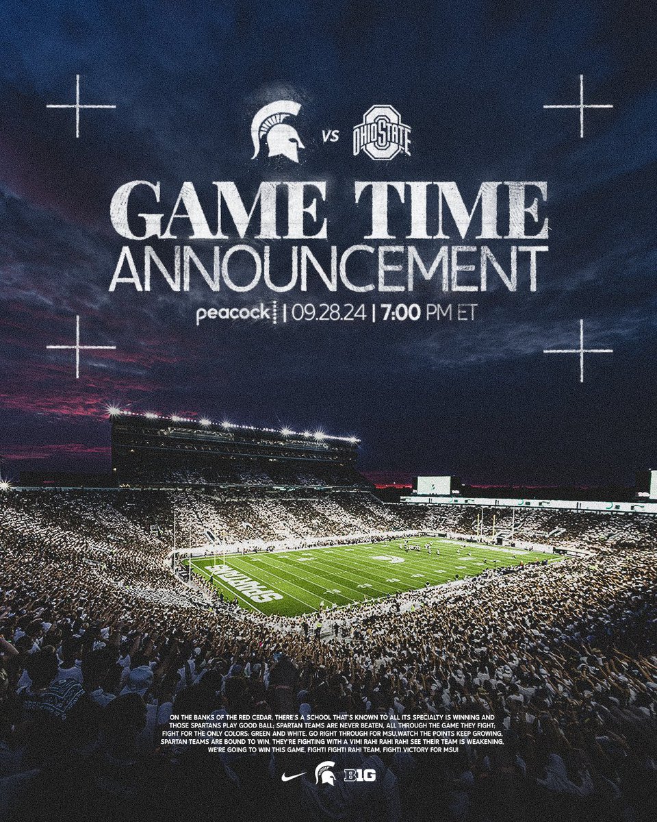 under the lights vs Ohio State

🕖 7:00 pm ET
📺 Peacock
📍 Spartan Stadium