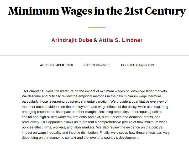A literature review on the impact of minimum wages on low-wage labor markets, from <a href="/arindube/">Arin Dube</a> and <a href="/attilalindner/">Attila Lindner</a> nber.org/papers/w32878
