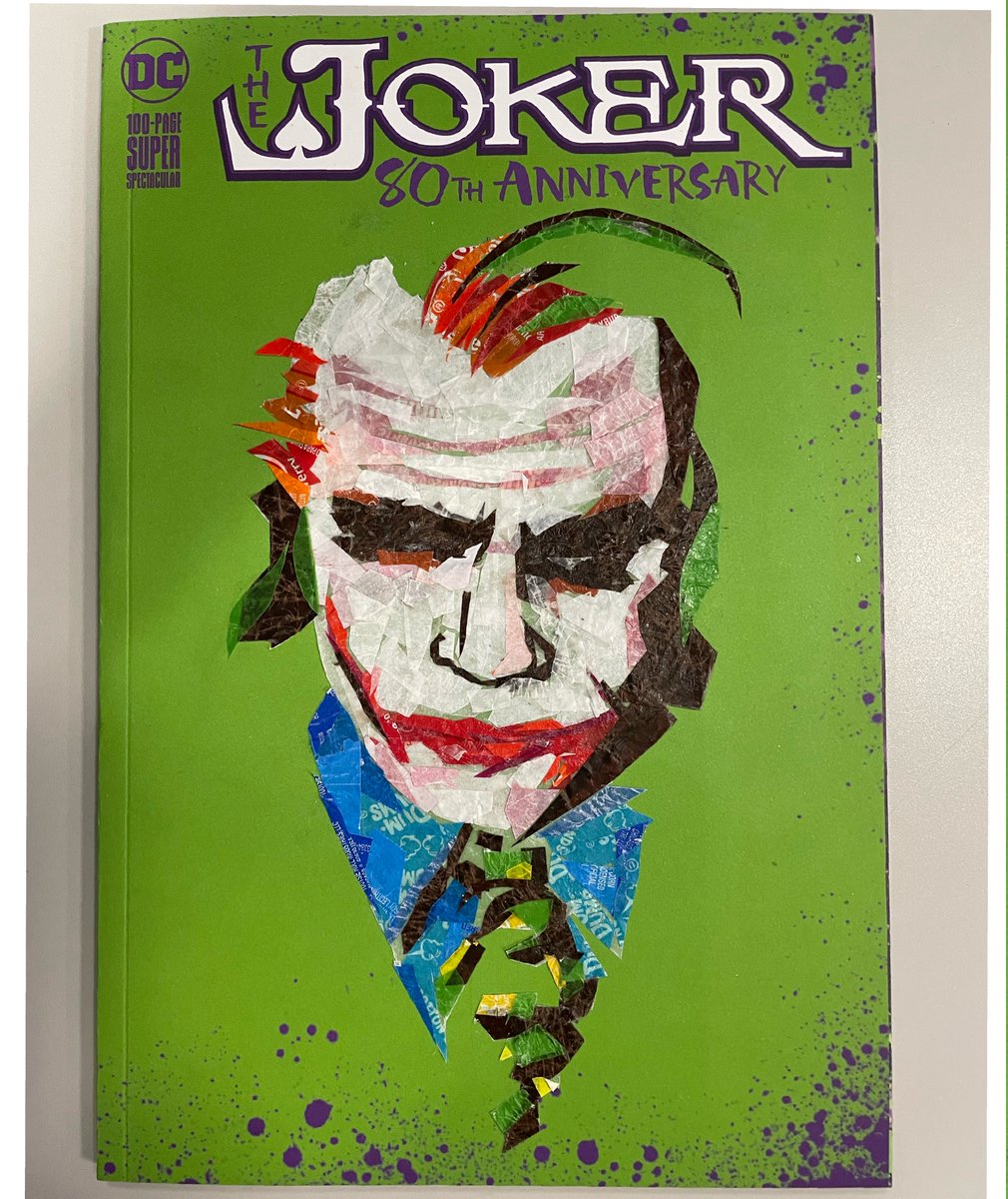 popwrapart's tweet image. I&apos;m headed to @baltimorecomics this weekend! Here&apos;s a blank sketch cover for sale at the show. #Joker made with candy wrappers. #batman #villian #mixedmedia
