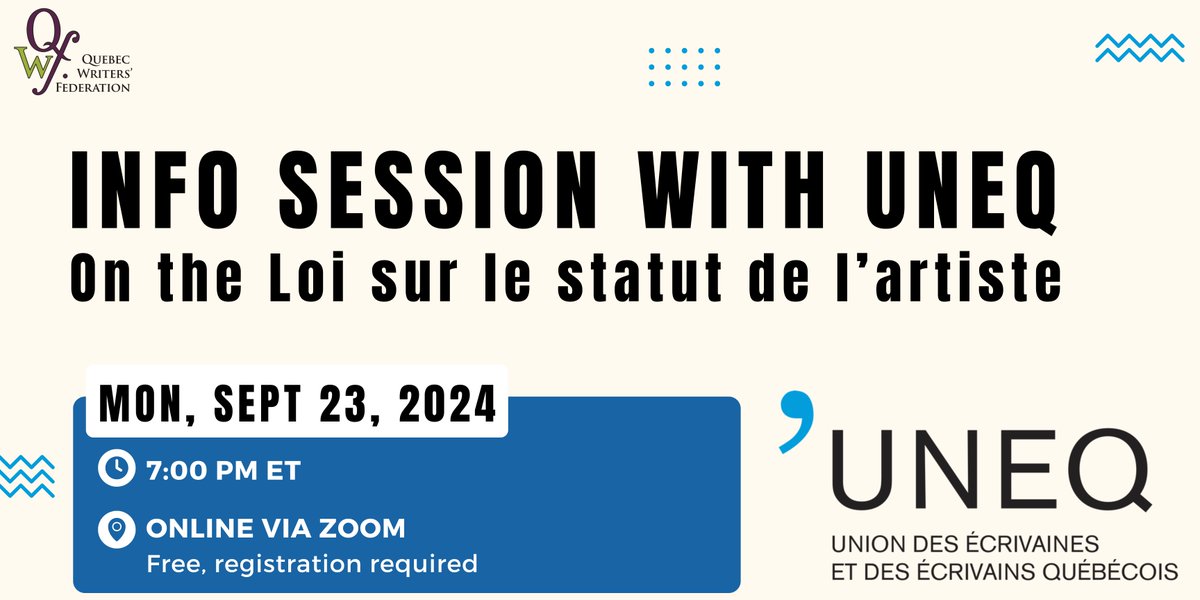 If you're a writer in Quebec, you need to know about the Status of the Artist Act.

Join us for a free info session with UNEQ to learn about the act and what it means for #QuebecWriters.  Register for the Zoom link 👉 us06web.zoom.us/meeting/regist…