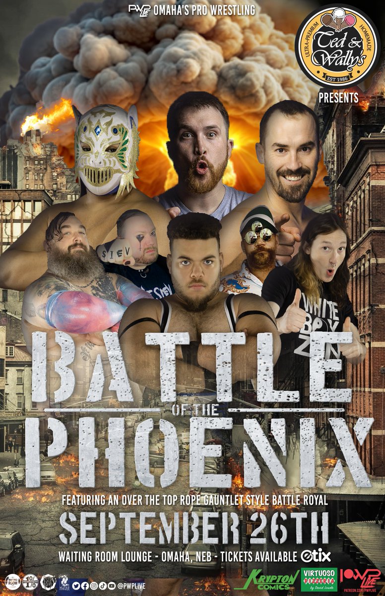 PWPLive's tweet image. PWP Battle of the Phoenix 2024!

Thursday 9/26 LIVE at The @Waiting_Room in Omaha, NE!

Reserved tables, individual front row seats, and individual GA tix available here: etix.com/ticket/p/38683…

GA tickets also at both @tedandwallys locations for just $10 cash while they last!