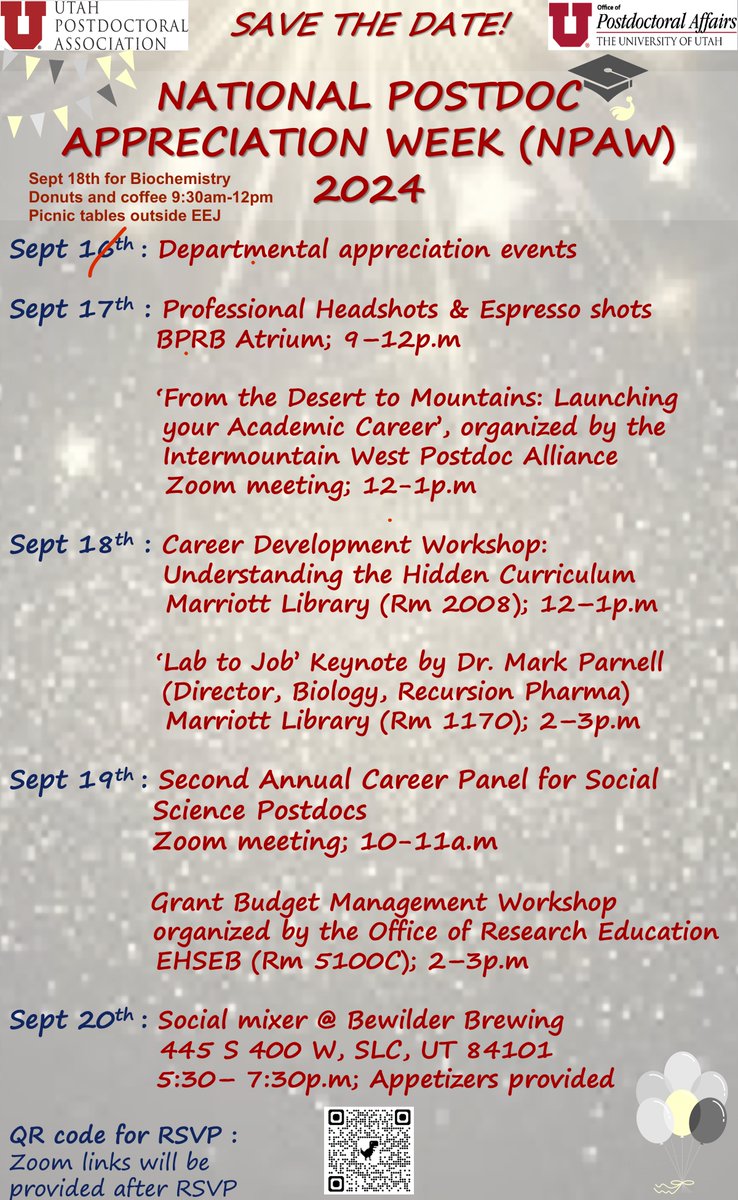 Tyler Starr (@tylernstarr) on Twitter photo Happy postdoc appreciation week! Thank you <a href="/UofUBiochem/">U of Utah Dept of Biochemistry</a> postdocs for everything you contribute to our labs, department, and institution. Check out this week's programming from UU OPA/UPDA, and come to our department celebration for coffee and donuts the morning of September 18th. Happy postdoc appreciation week! Thank you <a href="/UofUBiochem/">U of Utah Dept of Biochemistry</a> postdocs for everything you contribute to our labs, department, and institution. Check out this week's programming from UU OPA/UPDA, and come to our department celebration for coffee and donuts the morning of September 18th.