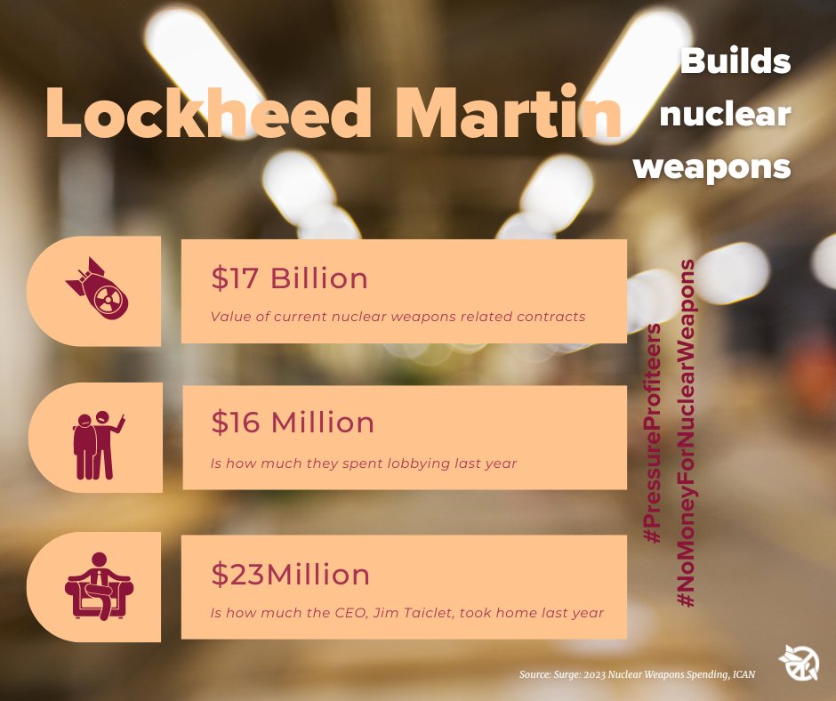ICAN (@nuclearban) on Twitter photo The biggest weapons dealer on the planet doesn’t need to make nuclear weapons to make a killing off of killing. It’s time for <a href="/LockheedMartin/">Lockheed Martin</a> to drop out of the nuclear arms race like shareholders have been demanding for years.
#NoMoneyForNuclearWeapons #PressuringProfiteers The biggest weapons dealer on the planet doesn’t need to make nuclear weapons to make a killing off of killing. It’s time for <a href="/LockheedMartin/">Lockheed Martin</a> to drop out of the nuclear arms race like shareholders have been demanding for years.
#NoMoneyForNuclearWeapons #PressuringProfiteers