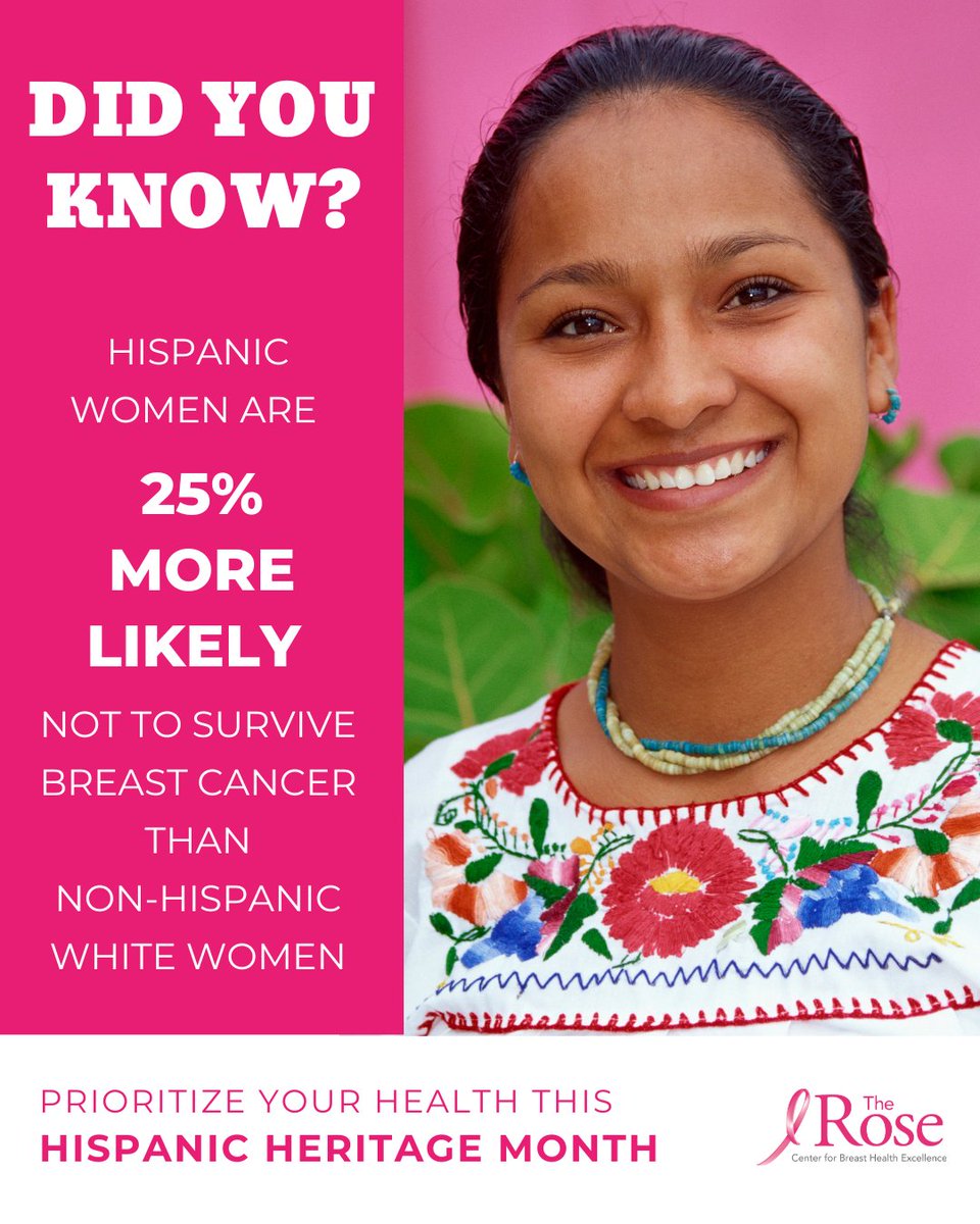 When diagnosed at similar stages, Hispanic women are 20% more likely to die from breast cancer than non-Hispanic white women. Celebrate Hispanic Heritage Month by getting your mammogram.

bit.ly/3ARUaMb 

#ForTheRose
#HispanicHeritageMonth
#TheRoseHouston