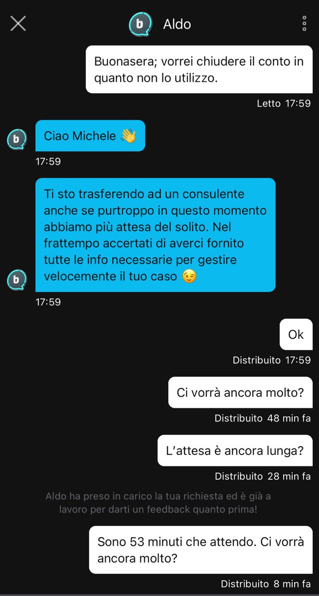 MglMichele's tweet photo. @mybuddybank è normale dover attendere SESSANTATRÉ minuti senza alcuna risposta? Ci mettevo meno ad andare in filiale, chiudere il conto, uscire ed andare a mangiare una pizza. https://t.co/Y5Qh54oZoL