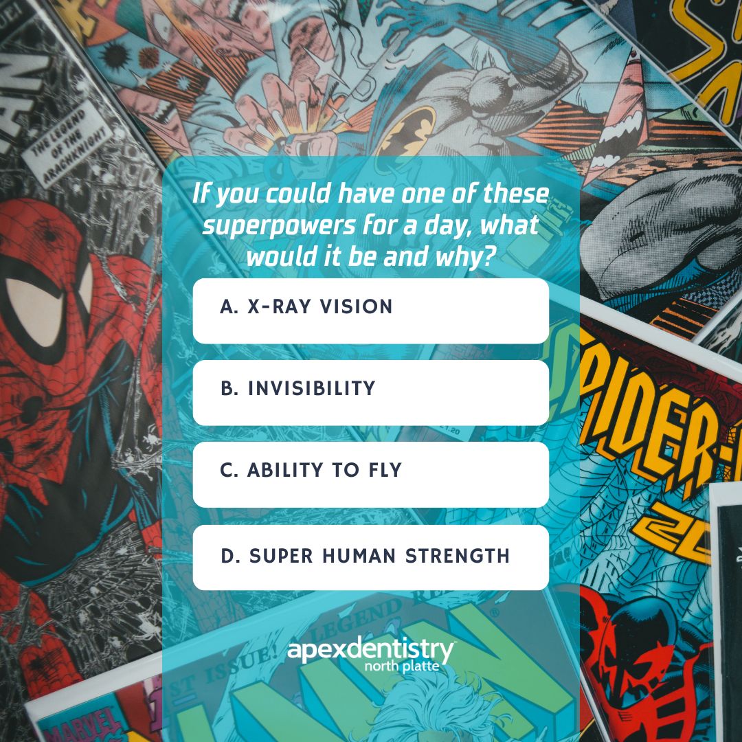DrBoettcherDDS's tweet image. Imagine having one of these superpowers for a day! Which would you choose and why? #superpower #powers #FantasyFun #NorthPlatteDentist #NorthPlatteNebraska #NebraskaDentist #GeneralDentistry #RestorativeDentistry #DentalImplants #CosmeticDentistry #PorcelainVeneers #TeethWhite...