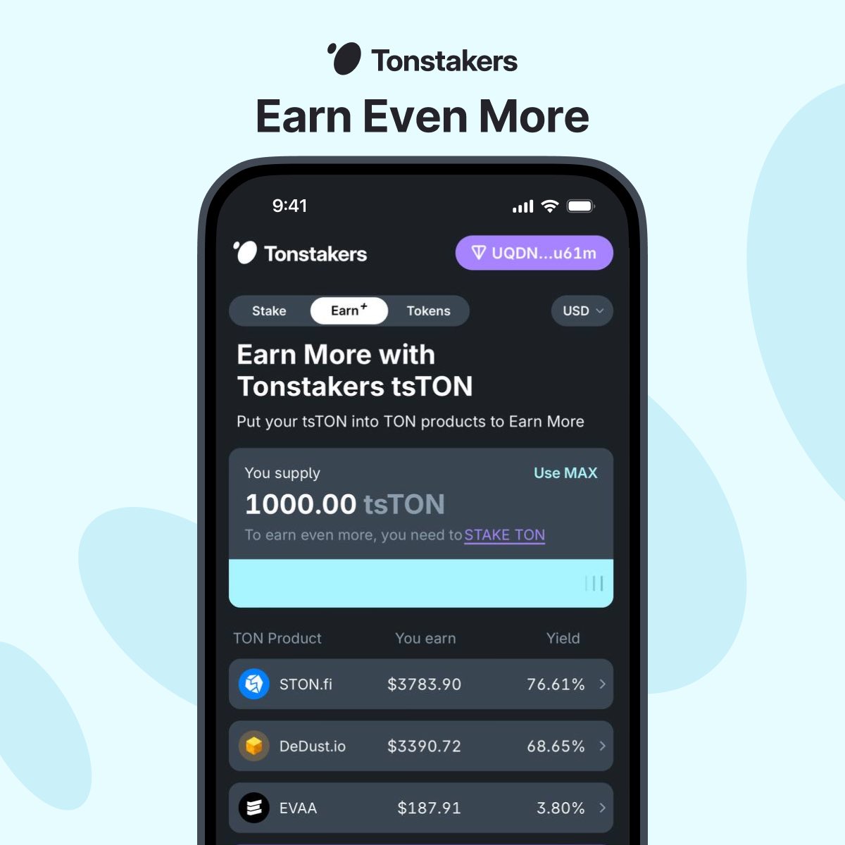 tonstakers's tweet photo. 𝗘𝘃𝗲𝗿𝘆𝘁𝗵𝗶𝗻𝗴 𝗬𝗼𝘂 𝗡𝗲𝗲𝗱 𝘁𝗼 𝗞𝗻𝗼𝘄 𝗔𝗯𝗼𝘂𝘁 𝗧𝗼𝗻𝘀𝘁𝗮𝗸𝗲𝗿𝘀 𝗘𝗮𝗿𝗻 📃

Tonstakers Earn is a new Tonstakers' product, designed to simplify the use of tsTON in #TON DeFi protocols. Additionally, it allows Tonstakers users to 𝗯𝗼𝗼𝘀𝘁 their yield 𝘂𝗽 𝘁𝗼 𝟱𝟬%.

👀 𝗛𝗼𝘄 𝘁𝗼 𝗴𝗲𝘁 𝘀𝘁𝗮𝗿𝘁𝗲𝗱? It's just 3 steps:
1⃣ Stake TON on Tonstakers.
2⃣ Choose a suitable DeFi protocol on Tonstakers Earn.
3⃣ Deposit tsTON into the chosen protocol and earn up to 50% APR.

𝘛𝘖𝘕 𝘍𝘰𝘶𝘯𝘥𝘢𝘵𝘪𝘰𝘯 𝘩𝘢𝘴 𝘢𝘭𝘭𝘰𝘤𝘢𝘵𝘦𝘥 5 𝘮𝘪𝘭𝘭𝘪𝘰𝘯 𝘛𝘖𝘕 𝘵𝘰 𝘪𝘯𝘤𝘳𝘦𝘢𝘴𝘦 𝘵𝘩𝘦 𝘱𝘰𝘱𝘶𝘭𝘢𝘳𝘪𝘵𝘺 𝘰𝘧 𝘜𝘚𝘋𝘛-𝘛𝘖𝘕 𝘢𝘯𝘥 𝘪𝘮𝘱𝘳𝘰𝘷𝘦 𝘵𝘩𝘦 𝘭𝘪𝘲𝘶𝘪𝘥𝘪𝘵𝘺 𝘰𝘧 𝘵𝘩𝘦 𝘋𝘦𝘍𝘪 𝘦𝘤𝘰𝘴𝘺𝘴𝘵𝘦𝘮. 𝘌𝘯𝘩𝘢𝘯𝘤𝘦𝘥 𝘳𝘦𝘸𝘢𝘳𝘥𝘴 𝘪𝘯 𝘵𝘴𝘛𝘖𝘕 𝘱𝘰𝘰𝘭𝘴 𝘸𝘪𝘭𝘭 𝘣𝘦 𝘢𝘤𝘵𝘪𝘷𝘦 𝘶𝘯𝘵𝘪𝘭 𝘵𝘩𝘦 𝘦𝘯𝘥 𝘰𝘧 𝘵𝘩𝘦 𝘺𝘦𝘢𝘳 𝘢𝘯𝘥 𝘸𝘪𝘭𝘭 𝘣𝘦 𝘶𝘱𝘥𝘢𝘵𝘦𝘥 𝘸𝘦𝘦𝘬𝘭𝘺.

𝗟𝗲𝗮𝗿𝗻 𝗺𝗼𝗿𝗲 𝗶𝗻 𝗼𝘂𝗿 𝗻𝗲𝘄 𝗮𝗿𝘁𝗶𝗰𝗹𝗲 📖
👉 https://t.co/23YOP0kbv9 

𝗪𝗵𝗮𝘁 𝗮𝗿𝗲 𝗿𝗲𝘀𝘂𝗹𝘁𝘀?
🔝Tonstakers — #1 in DeFi by TVL.
🔝 tsTON/USDT is the second-largest pair after TON/USDT, with $25 million TVL.
🔝 tsTON ranks third in trading volumes.

𝗧𝗼𝗻𝘀𝘁𝗮𝗸𝗲𝗿𝘀 𝗶𝘀 𝗺𝗼𝗿𝗲 𝘁𝗵𝗮𝗻 𝗷𝘂𝘀𝘁 𝘀𝘁𝗮𝗸𝗶𝗻𝗴.