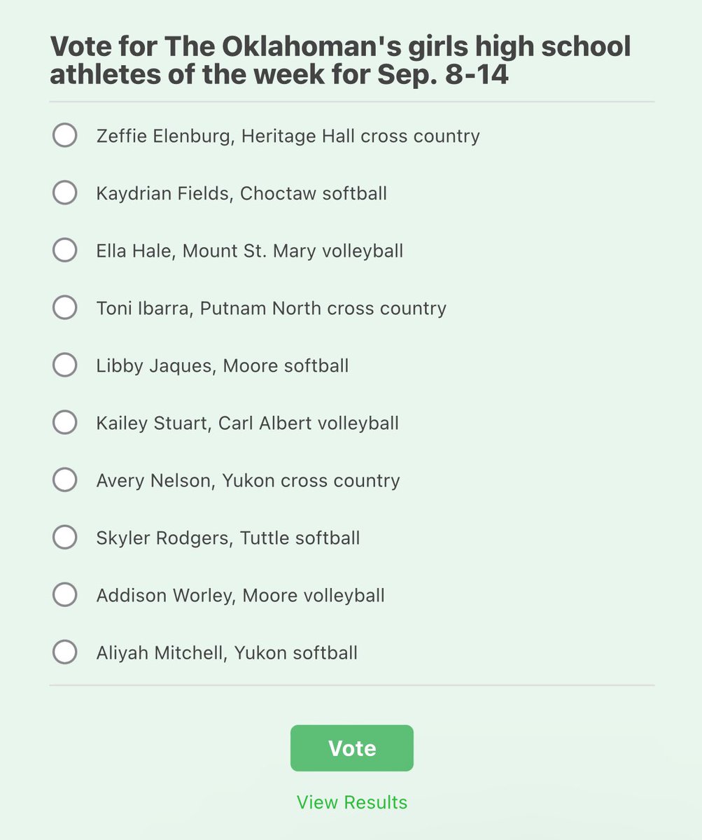 Jordan Davis (@jdavis34_) on Twitter photo The Oklahoman's fall sport girls athletes of the week poll for Sept. 8-14 is now live at oklahoman.com.
Voting is open until noon Saturday. Here are this week's nominees: #OKPreps The Oklahoman's fall sport girls athletes of the week poll for Sept. 8-14 is now live at oklahoman.com.
Voting is open until noon Saturday. Here are this week's nominees: #OKPreps