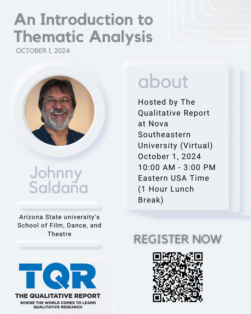 TheQualReport's tweet image. The Qualitative Report Workshop Series (Virtual)
Johnny Saldaña – An Introduction to Thematic Analysis (October 1, 2024)
tqr.nova.edu/johnny-saldana…