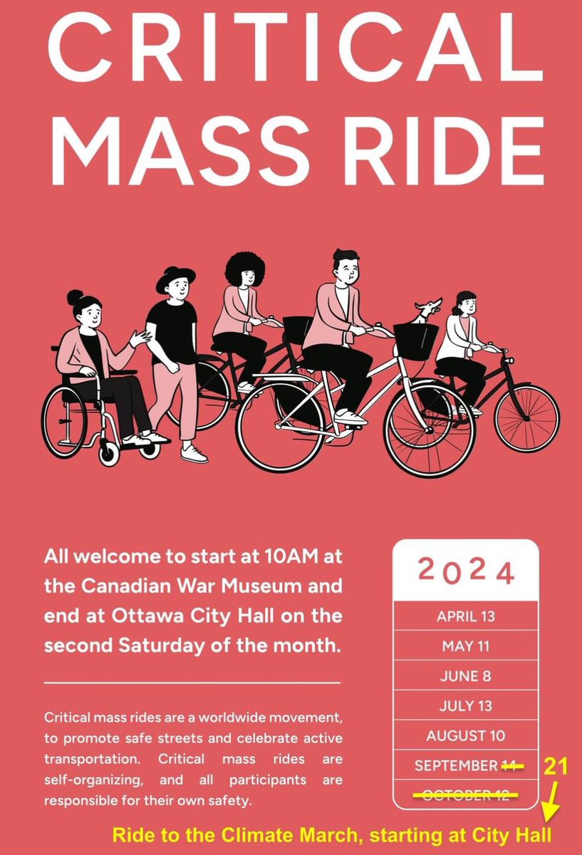 This Saturday at 10am, join the Critical Mass ride to the Climate March. 

Meet at War Museum at 10am >>>Finish at 11am at City Hall.

Because safe cycling is climate action.