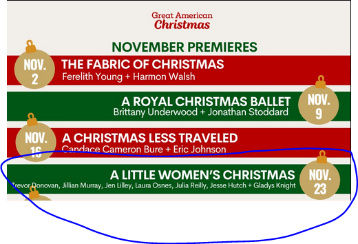 TrevDon's tweet image. We got a premiere date for #ALittleWomensChristmas, November 23rd on Great American Family channel. Mark your calendar! 🤘 #ALWC