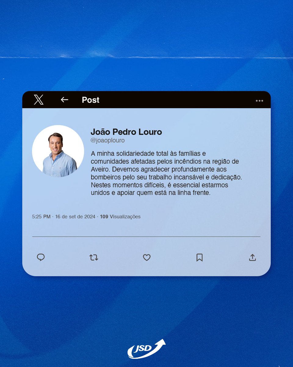 🧑‍🚒 Hoje estamos ao lado das comunidades afetadas e dos heróis que combatem as chamas. 

🤲🏼 Juntos, enfrentamos a adversidade com coragem e acreditamos num amanhã mais forte.

#JSD #Aveiro