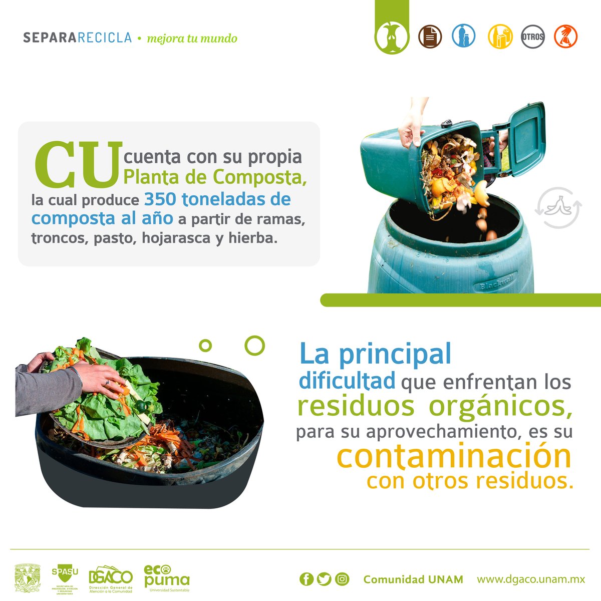 Comunidad_UNAM's tweet photo. "#Separar y #Reciclar♻️   #ResiduosOrgánicos #MejoraTuMundo.
En CU, contamos con nuestra propia Planta de Composta, la cual produce 350 toneladas de composta al año. ¡Checa el dato!
Pequeñas acciones, grandes beneficios. 🌎
#UNAMComunidadSustentable" https://t.co/N6v8WvbHSL