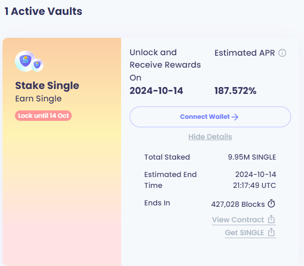 📢 Monthly Vault 📢

Unstake your $SINGLE from the 14 Sep to 14 Oct Monthly Vault to enjoy the reward from the previous Vault!🏦

Stake your $SINGLE in the new monthly vault until 15 Oct 2024 to earn 187.572% APR!🔁

🔓🔒: app.singlefinance.io/stake