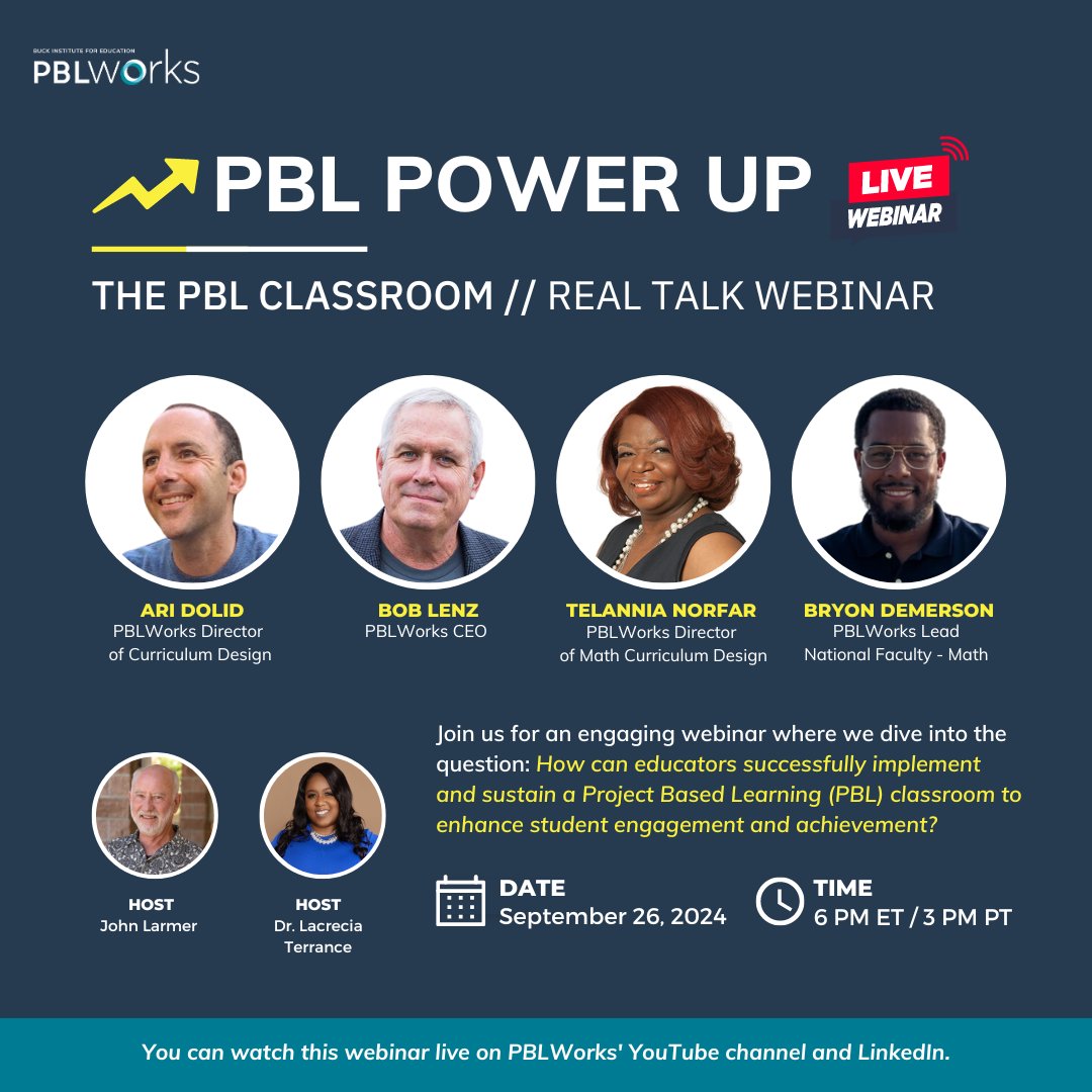 Join us for the first session of our fall webinar series, PBL Power Up, featuring CEO Bob Lenz &amp; a team of amazing PBL experts! Learn how to successfully implement &amp; sustain a PBL classroom to boost student engagement &amp; achievement.

Reserve your spot now: bit.ly/3YNPeSF