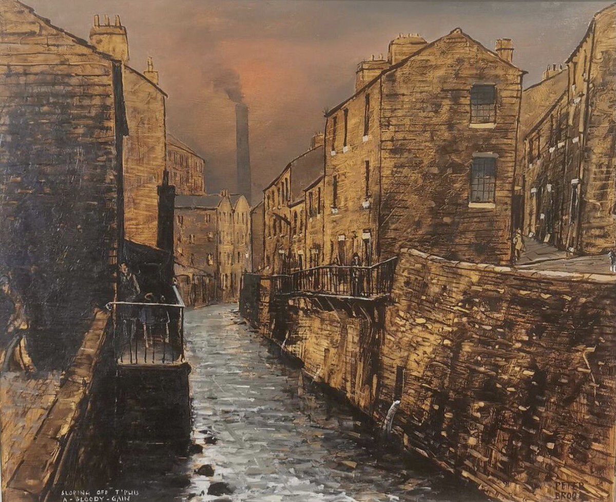 ‘Sloping off t’pub a-bloody-gain’, looking like a view of Keighley’s North Beck before it was covered over during the Westgate clearance, typifies Peter Brook’s early interest in the post-industrial heritage of the towns of the West Riding. (Sold at Bolton Auction Rooms in 2022)