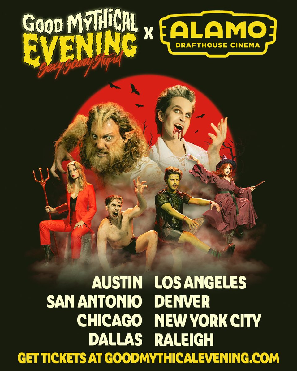 Mythical's tweet photo. Excited to partner with @alamodrafthouse to offer live Good Mythical Evening screenings in select theaters once again!

Link in bio or https://t.co/BSMXbYOMMw to secure your tickets to enjoy Good Mythical Evening in a theater full of your fellow Mythical Beasts! 👻🦇 https://t.co/S3g0ItwLhM