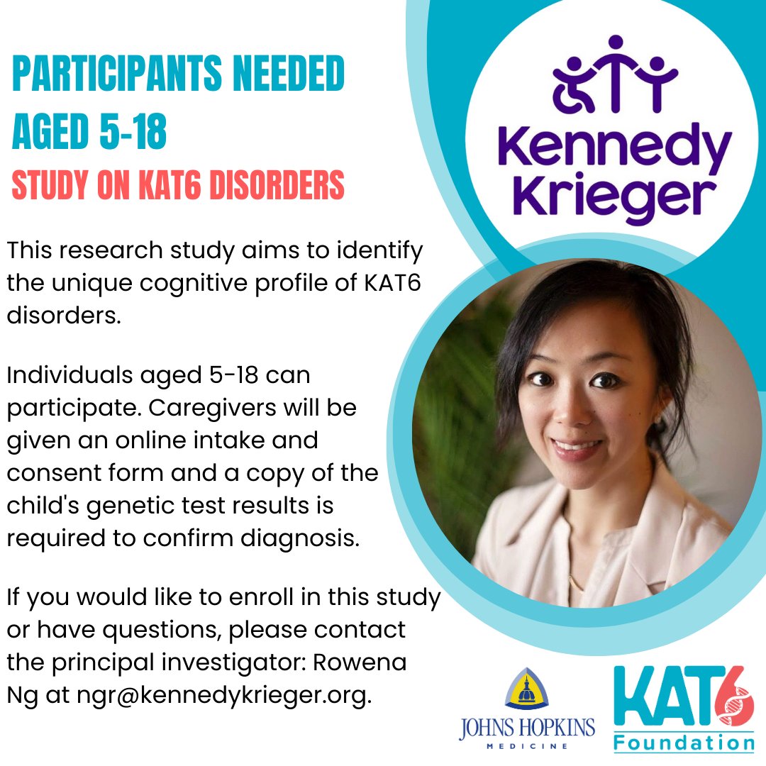 KAT6 Foundation (@kat6foundation) on Twitter photo Dr. Rowena Ng of Kennedy Krieger Institutes is looking for participants aged 5-18 for a study aiming to identify the unique cognitive profile of KAT6 disorders.
See post for details! <a href="/rowenangphd/">Rowena Ng, PhD</a> <a href="/KennedyKrieger/">Kennedy Krieger</a> Dr. Rowena Ng of Kennedy Krieger Institutes is looking for participants aged 5-18 for a study aiming to identify the unique cognitive profile of KAT6 disorders.
See post for details! <a href="/rowenangphd/">Rowena Ng, PhD</a> <a href="/KennedyKrieger/">Kennedy Krieger</a>
