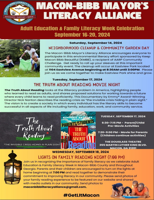 BCSDFamilies's tweet photo. Join the Macon-Bibb Mayor's Literacy Alliance for "The Truth About Reading," a movie night at the Douglass Theatre on September 17 @ 6:30 pm. Enjoy family literacy activities and refreshments! https://t.co/xszYx5wlE6