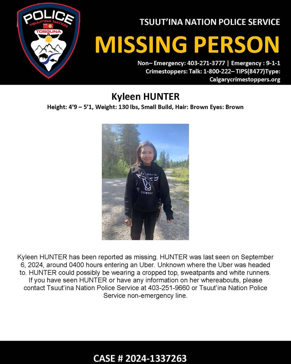 The Tsuut’ina Nation Police Service is seeking the public’s help in locating Kyleen HUNTER

tsuutinapolice.com/the-tsuutina-n…