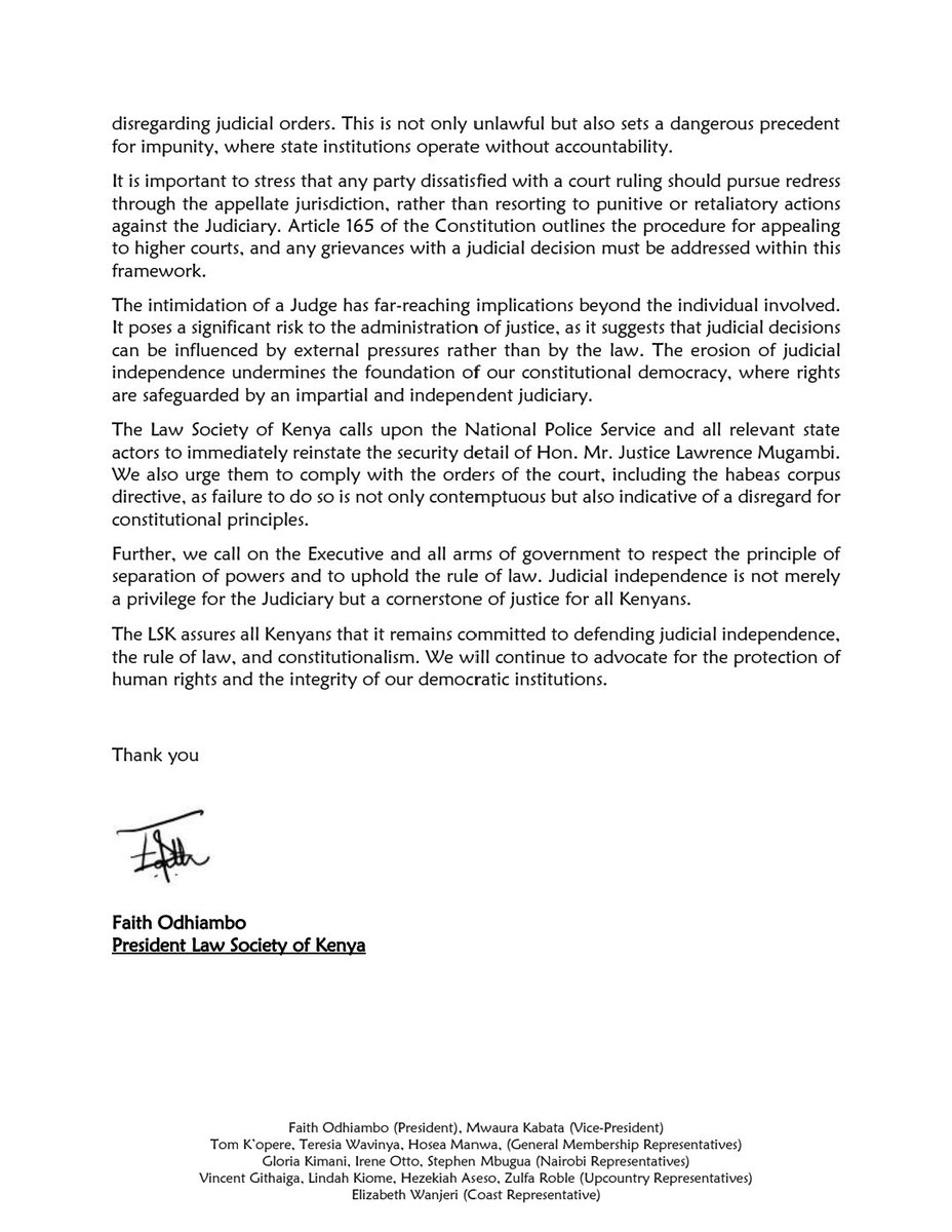 Faith Odhiambo (@faithodhiambo8) on Twitter photo The <a href="/LawSocietyofKe/">Law Society of Kenya</a> strongly condemns the withdrawal of the security of the Hon. Justice Mr. Lawrence Mugambi. We note that this unacceptable retaliation against a Judge for the lawful discharge of his duty is a threat to the Rule of Law and Administration of Justice.
The The <a href="/LawSocietyofKe/">Law Society of Kenya</a> strongly condemns the withdrawal of the security of the Hon. Justice Mr. Lawrence Mugambi. We note that this unacceptable retaliation against a Judge for the lawful discharge of his duty is a threat to the Rule of Law and Administration of Justice.
The