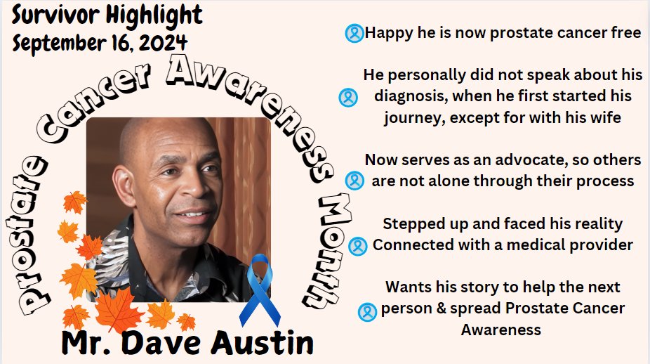 iCCaREMedia's tweet image. Happy #ProstateAwarenessMonth 🩵  Today we&apos;re highlighting #survivor Mr. Dave Austin, as he shares his journey from diagnosed, to becoming an advocate to now being #prostatecancer free!
