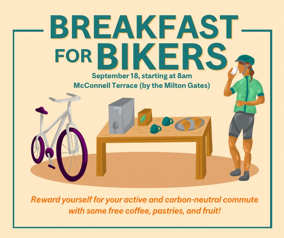 We will be handing out free breakfast (pastries, fruit and coffee) to anyone who biked to campus the morning of Wednesday, Sept. 18 from 8-10 a.m. Drop by to fuel up, learn more about biking resources at McGill and around Montreal, and hear about our surprise announcement!