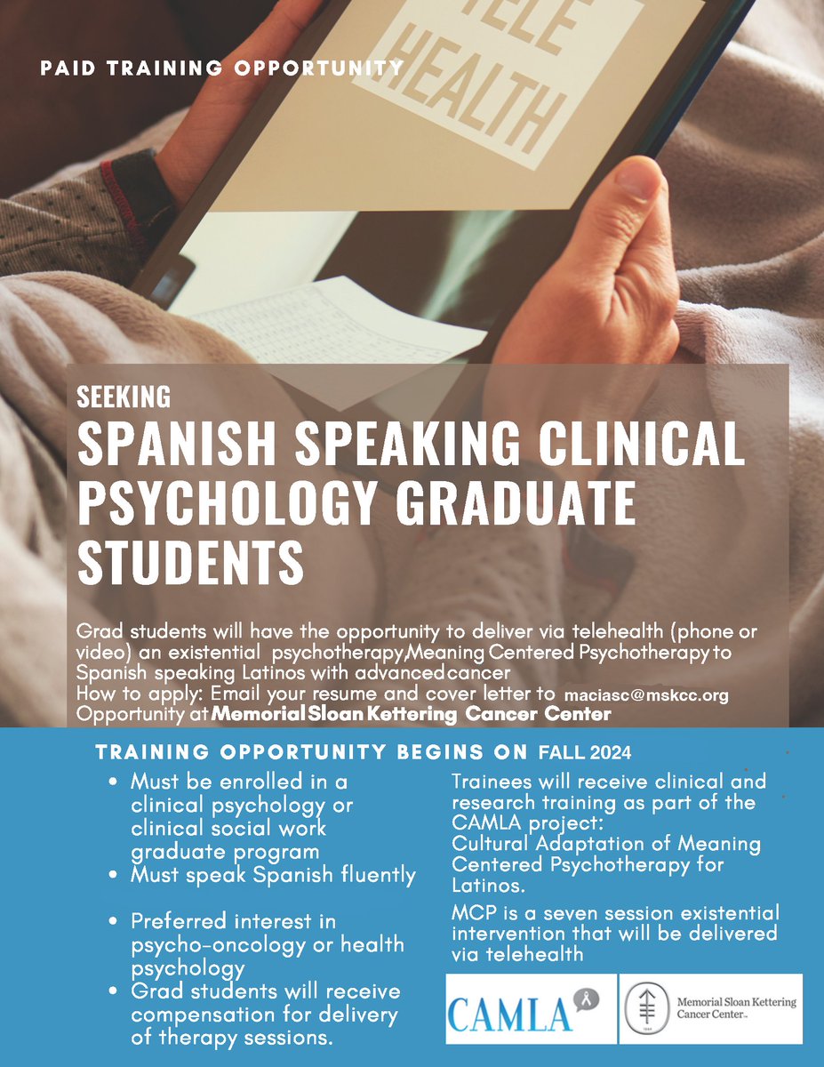 MSKCC Immigrant Health & Cancer Disparities Center (@mskihcd) on Twitter photo Are you or someone you know a Spanish-speaking clinical psychology grad student interested in working w/ Latinos with advanced cancer via telehealth? <a href="/mskihcd/">MSKCC Immigrant Health & Cancer Disparities Center</a> and its CAMLA project is looking for eligible candidates. Full details and instructions on how to apply listed below. Are you or someone you know a Spanish-speaking clinical psychology grad student interested in working w/ Latinos with advanced cancer via telehealth? <a href="/mskihcd/">MSKCC Immigrant Health & Cancer Disparities Center</a> and its CAMLA project is looking for eligible candidates. Full details and instructions on how to apply listed below.