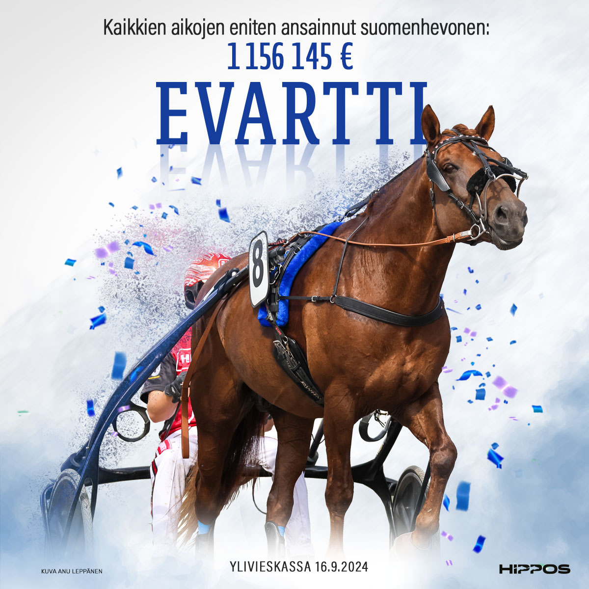 "Evartin merkitys meidän elämässä on paljon isompi kuin mikään rahasumma", kertoi tänään voittajahaastattelussa Jutta Ihalainen, kun kolminkertainen ravikuningas nousi kaikkien aikojen eniten ansainneeksi suomenhevoseksi. Paljon onnea Evartti ja taustajoukot! #ravit