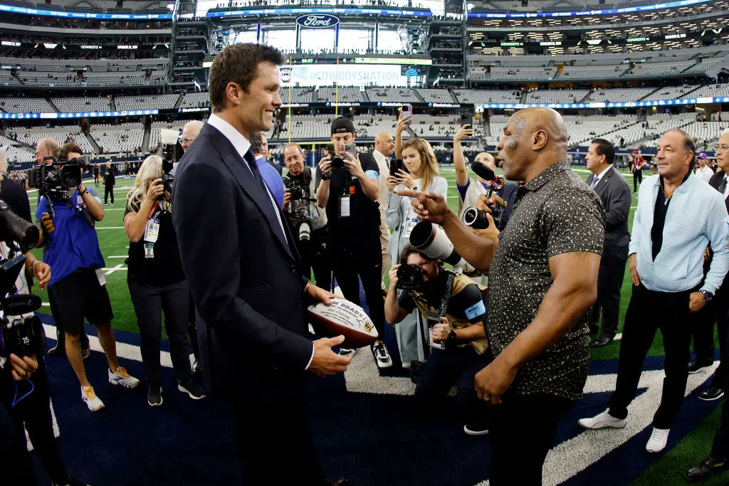 ESPNsavages's tweet photo. Tom Brady meets with Mike Tyson before the Cowboys-Saints game on Sept. 15, 2024. https://t.co/mvDreh5ENk